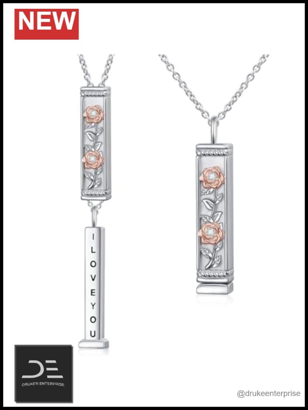 Sterling Silver Flower Vertical Bar Necklace I Love You Pendant